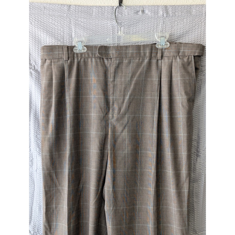 Lands End Mens Traditional Fit Pleated Glen Plaid Dress Pants Brown Blue 42